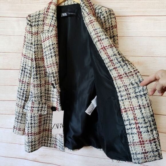 Zara Long Sleeve Double Breasted Woven Lined Blazer Front Flap Pockets Medium - Picture 11 of 16